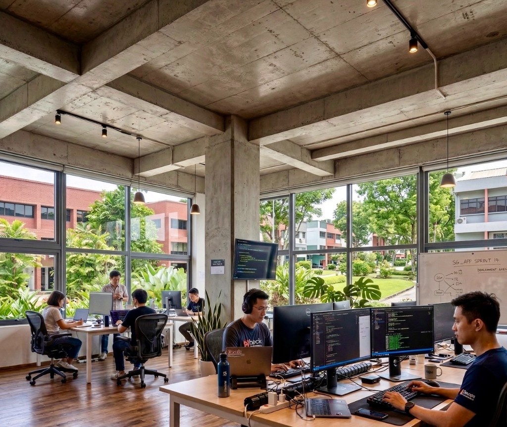Modern open office space with developers working at their desks, large windows with greenery outside